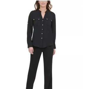 Calvin Klein Black Textured Roll Tab Button Down Shirt